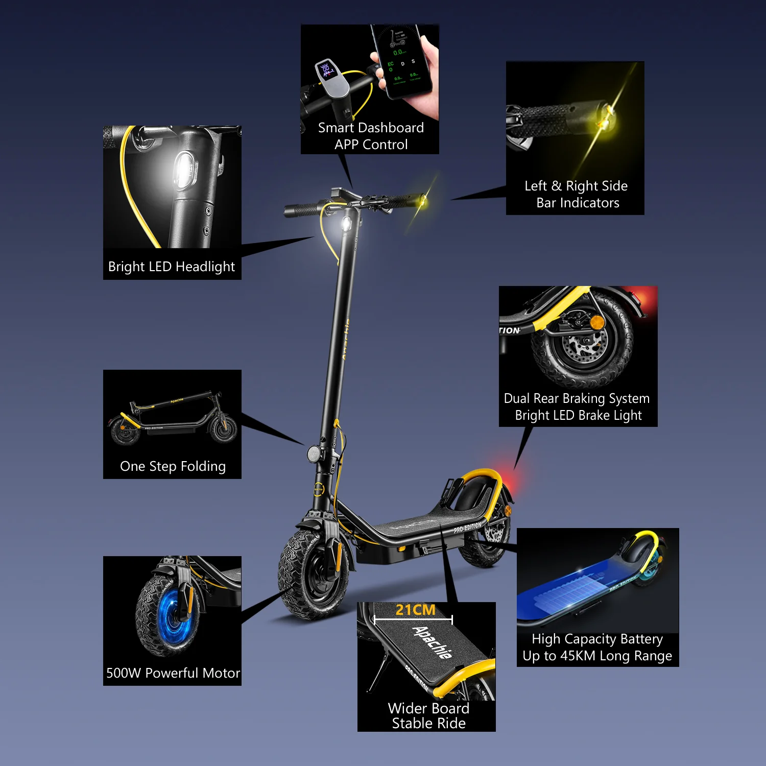 Apachie 500W Pro Edition Adult Electric Scooter - YELLOW - Image 4
